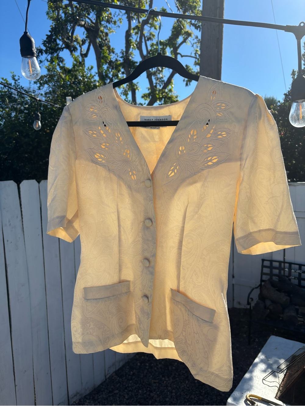 Beautiful 1980s Vintage Nancy Johnson Cream Silk Button Up Springtime Top